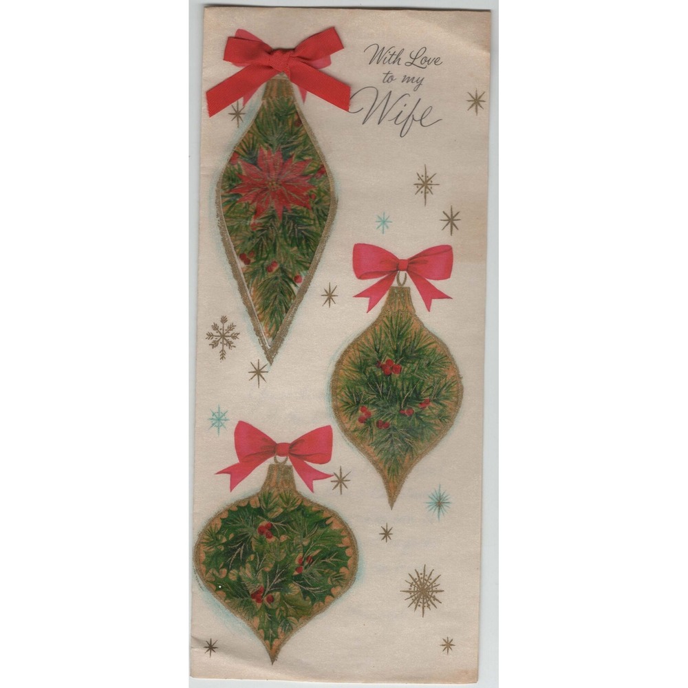 Vintage 1950s Hallmark Christmas Card Wife Slim Jim Ribbon Bows Ornaments